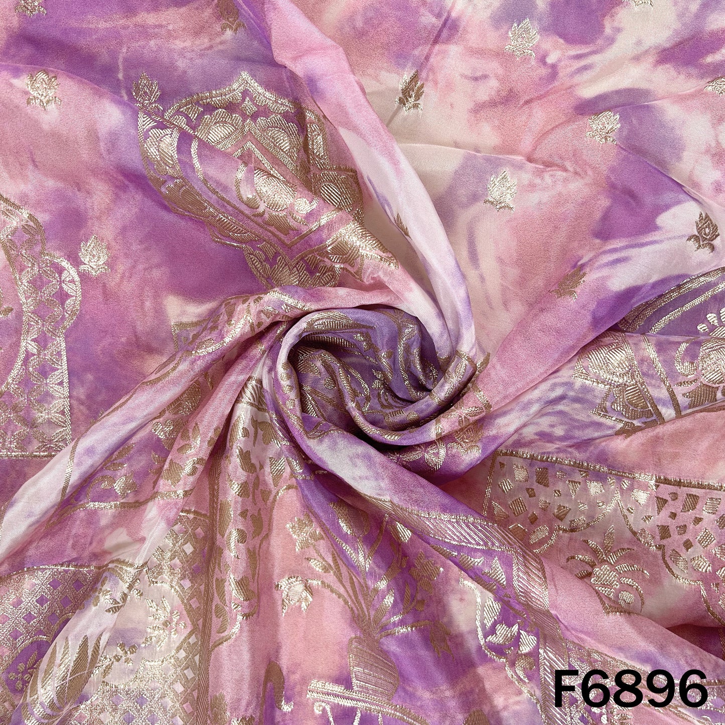 Draped view of F6896 shimmer tissue fabric highlighting soft ombre shades and premium party wear shine