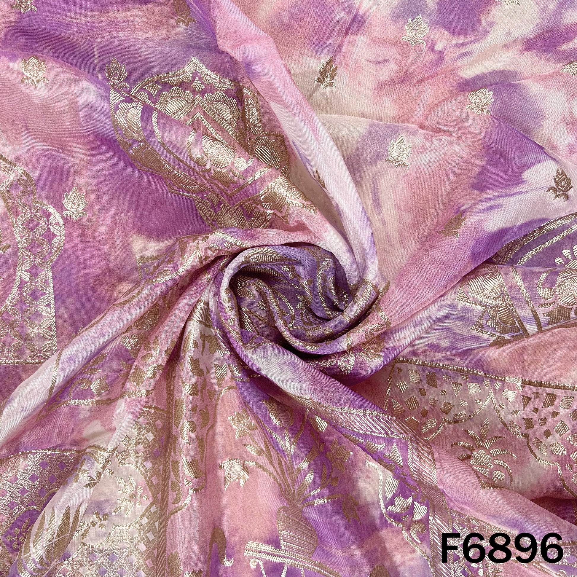 Draped view of F6896 shimmer tissue fabric highlighting soft ombre shades and premium party wear shine