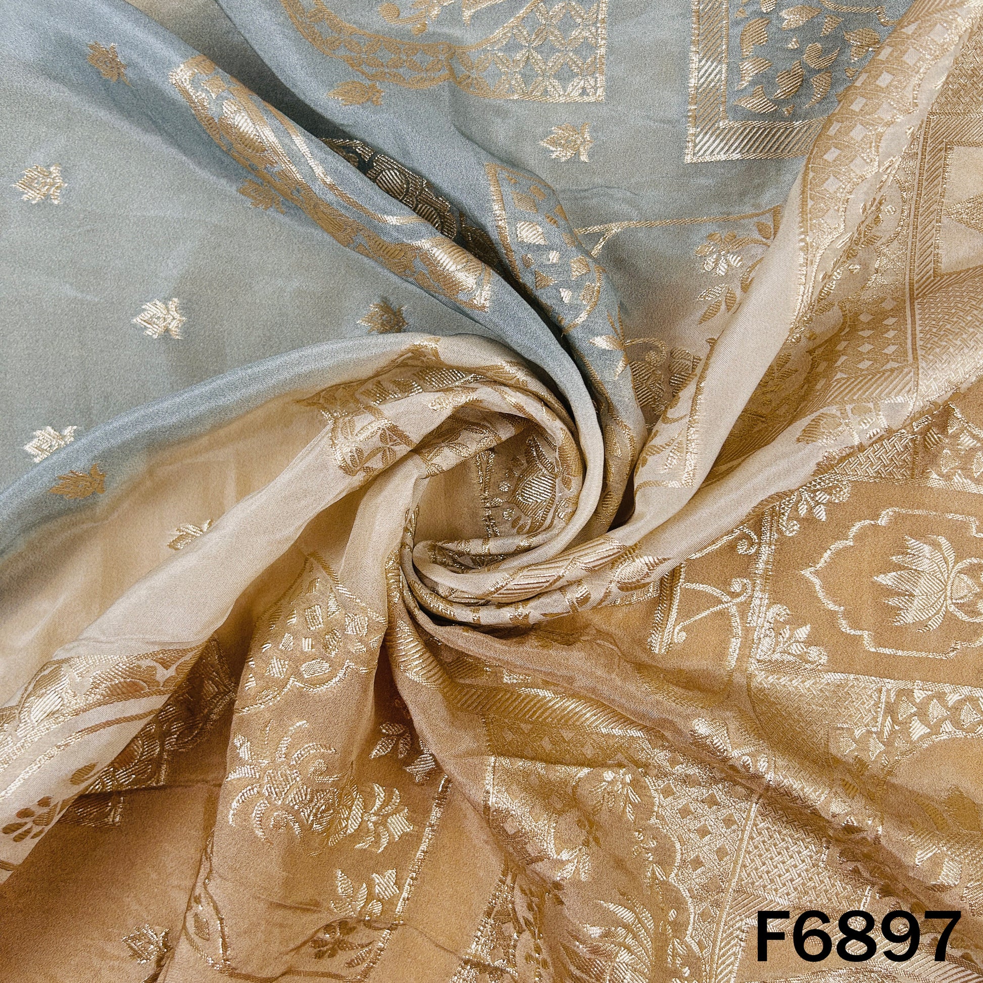 Draped F6897 tissue fabric view highlighting glossy texture, golden undertone and festive zari design