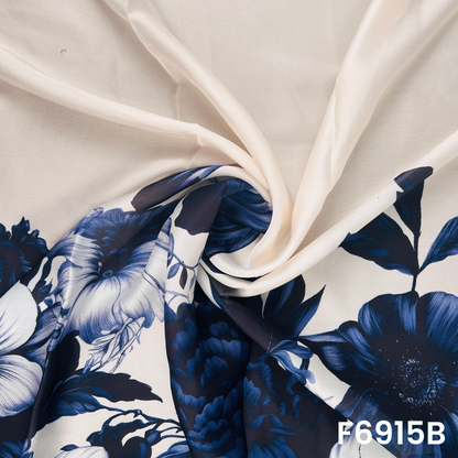 Draped F6915B fabric highlighting silky folds, elegant flower placement and premium glossy texture