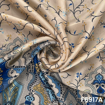 Close view of F6917A showing intricate paisley curves, fine floral outlines and polished satin shine