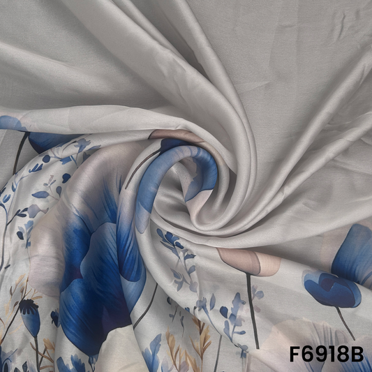 Draped F6918B fabric highlighting silky folds, airy floral placement and premium smooth texture