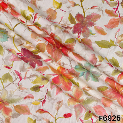 Draped F6925 rayon fabric highlighting smooth fall, lightweight texture and elegant watercolor print flow