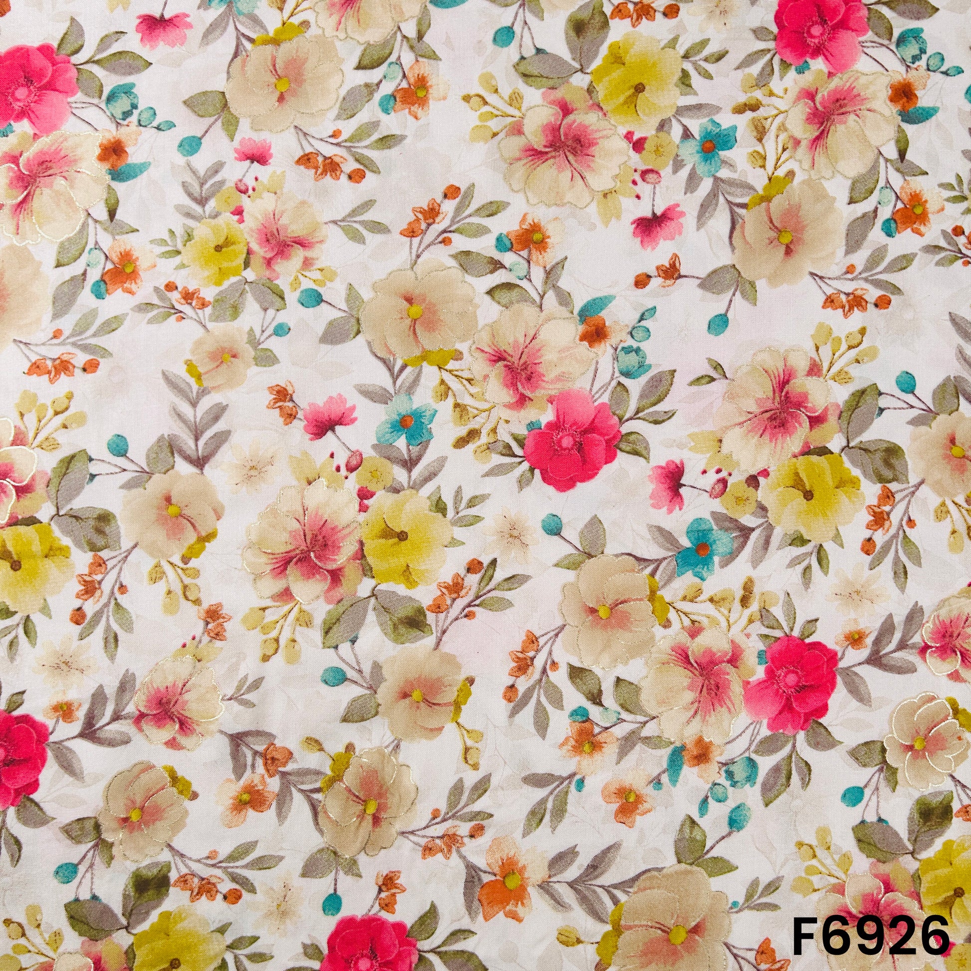 Close pattern view of F6926 showing fresh flower clusters, fine leaves and vibrant garden-inspired detailing