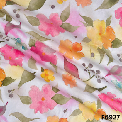 Draped F6927 rayon fabric highlighting smooth folds, breathable flow and soft multicolor floral placement