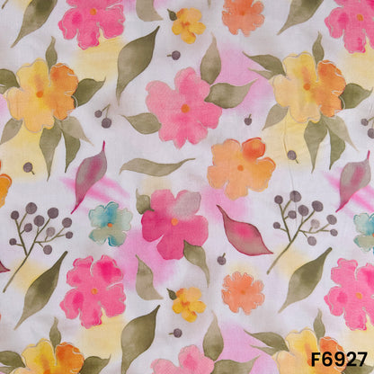 Close pattern view of F6927 showing pastel flower petals, leafy stems and fresh garden-inspired artwork