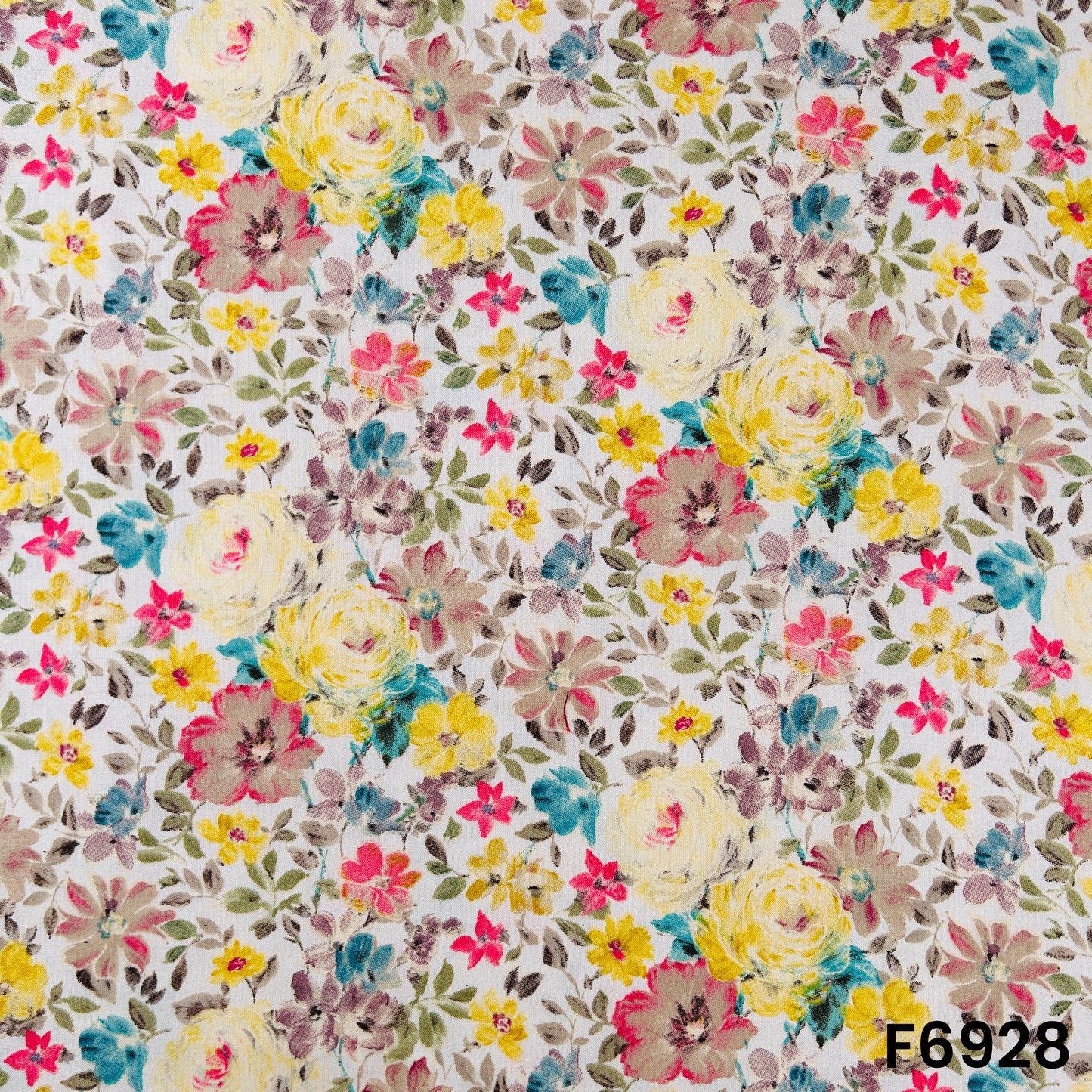 Close pattern view of F6928 showing tiny blossoms, pastel leaves and a fresh all-over summer print