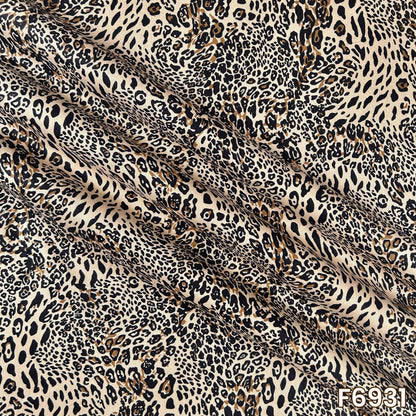 Draped F6931 rayon fabric highlighting smooth folds, soft texture and trendy wild print styling