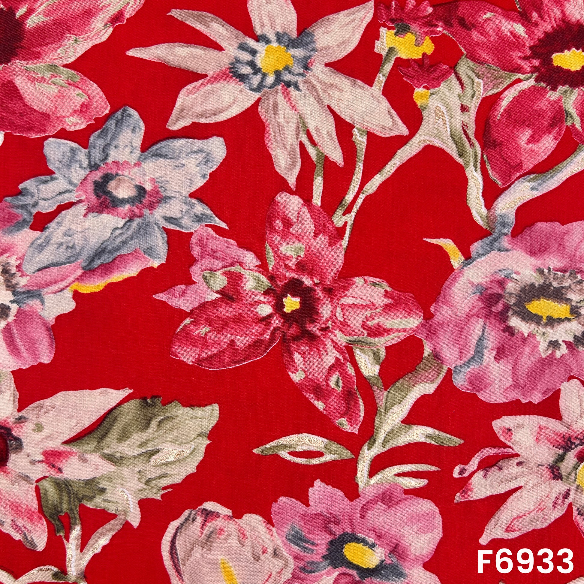 Close pattern view of F6933 showing blush pink petals, dusty blue accents and elegant metallic detailing
