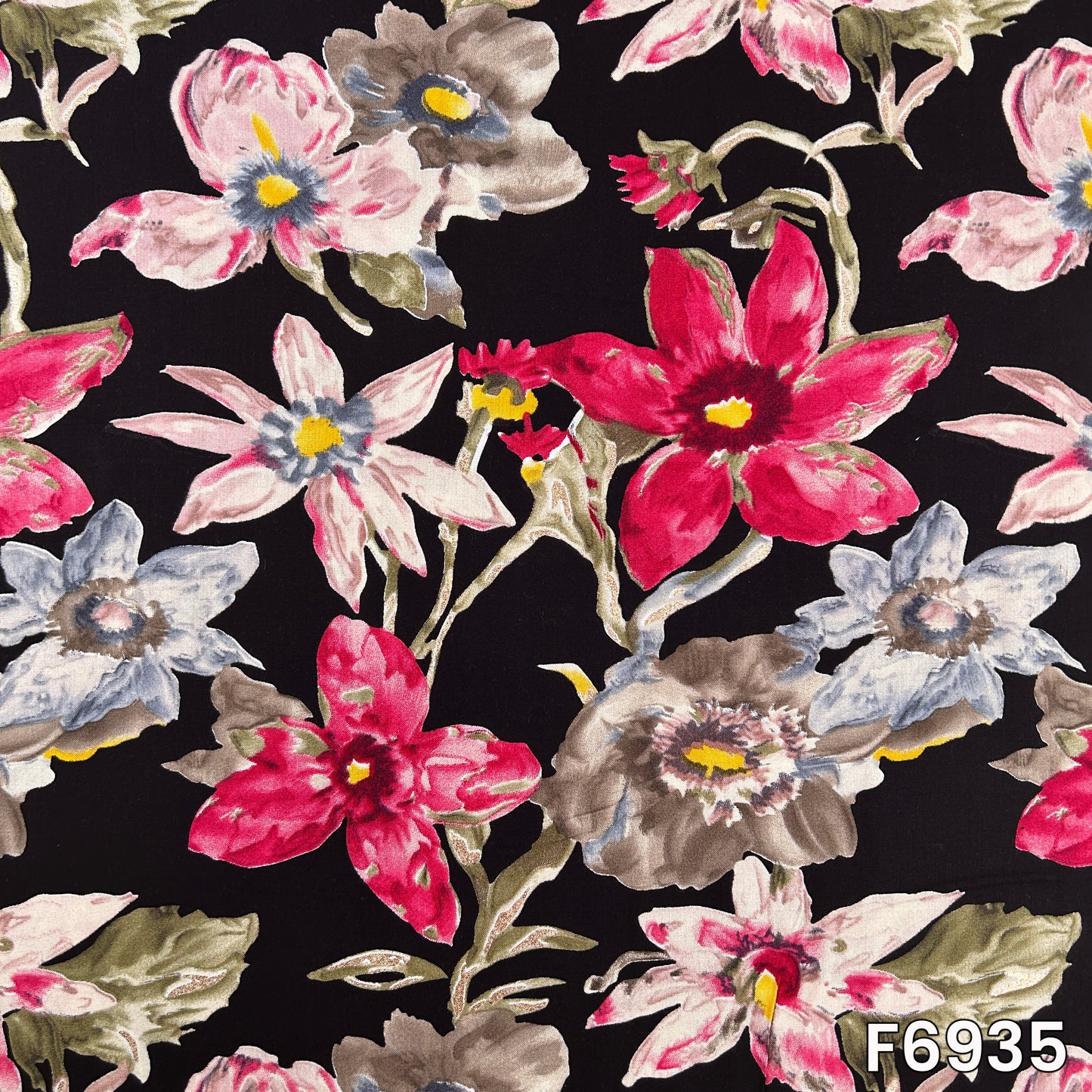 Close pattern view of F6935 showing bold pink flowers, soft grey petals and olive leaf artwork