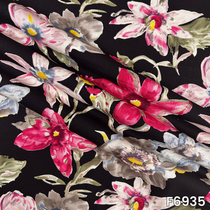 Draped F6935 rayon fabric highlighting smooth folds, lightweight flow and elegant metallic floral detailing