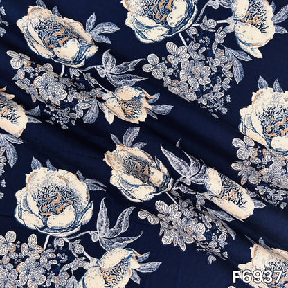 Draped F6937 rayon fabric revealing smooth flow, soft folds and graceful floral print placement