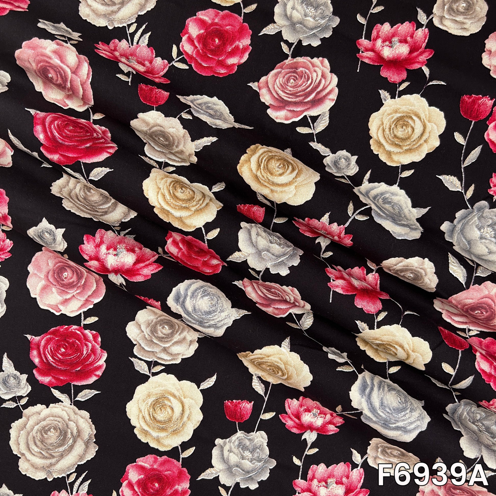 Close pattern view of F6939A showing layered pink flowers, ivory roses and soft grey botanical accents