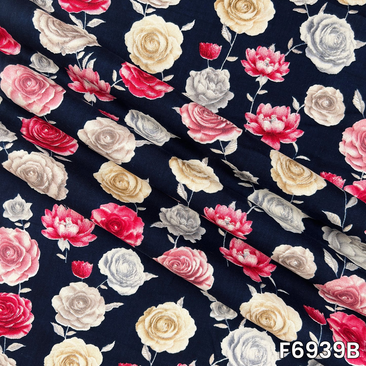 Detailed F6939B view highlighting rich rose artwork, smooth fabric texture and delicate metallic finish