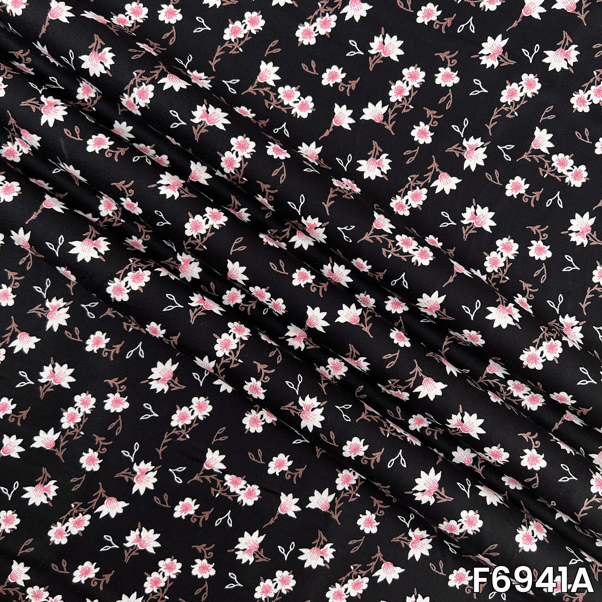 Close pattern view of F6941A showing delicate flower clusters, fine stems and smooth rayon texture