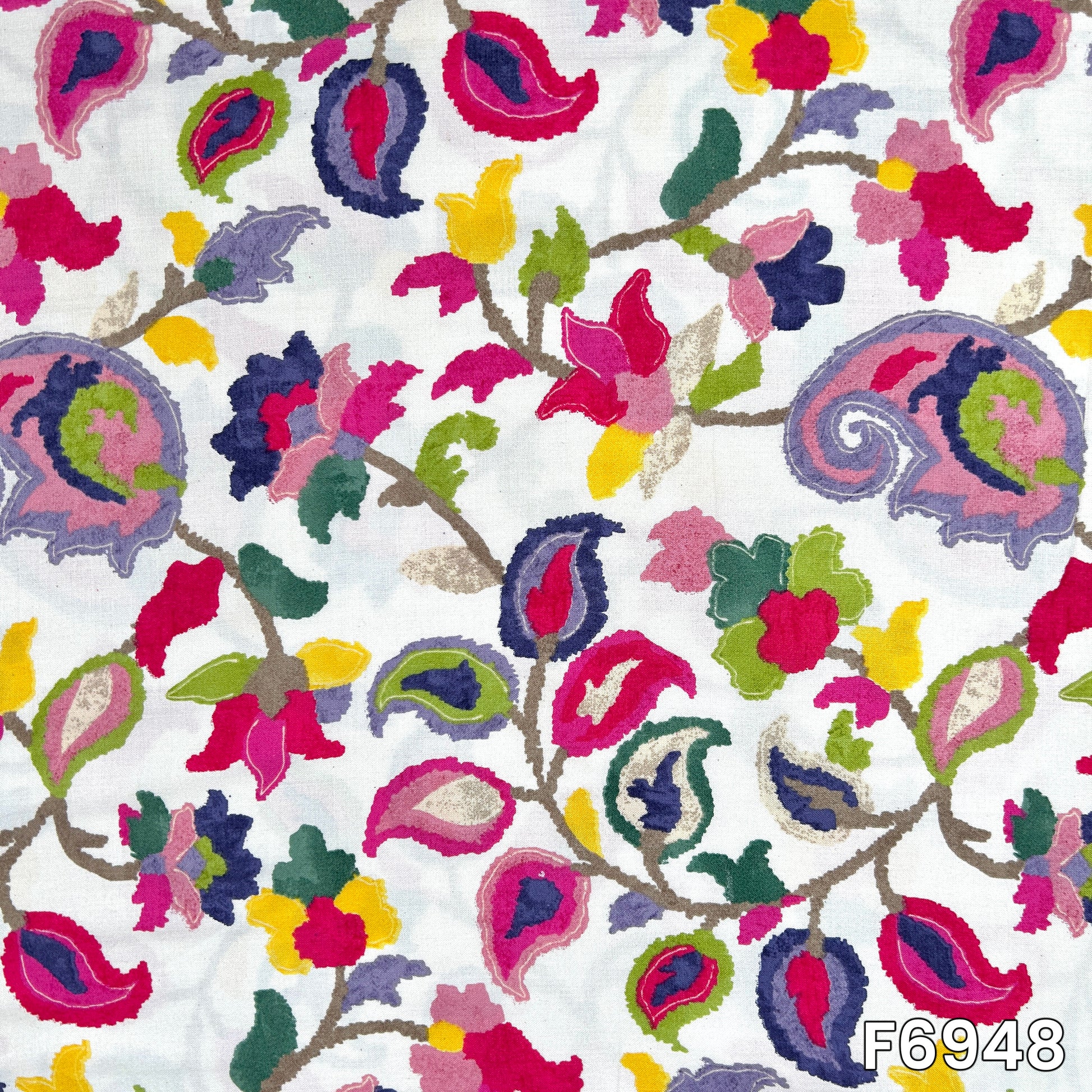 Full design view presenting layered flowers, curved paisleys and leafy strokes across the pale background