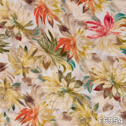 Full pattern view showing artistic flowers, leafy branches and earthy brush-style colors on a pale base