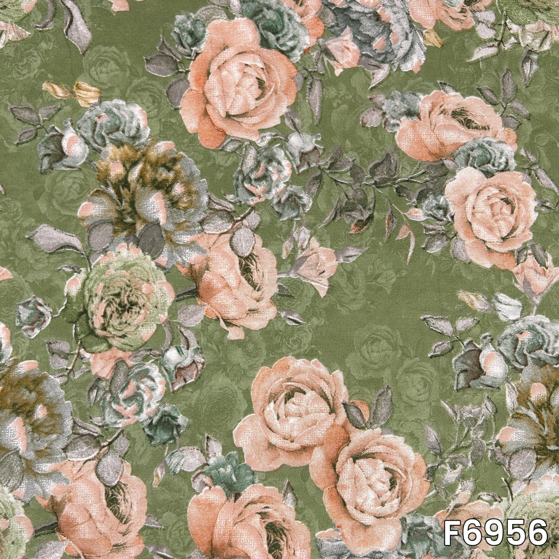 Close pattern view showing layered peach blossoms, grey-green leaves and fine floral detailing on rayon