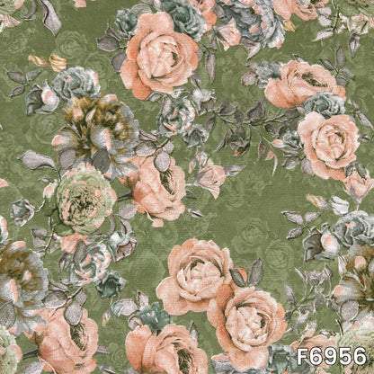 Close pattern view showing layered peach blossoms, grey-green leaves and fine floral detailing on rayon