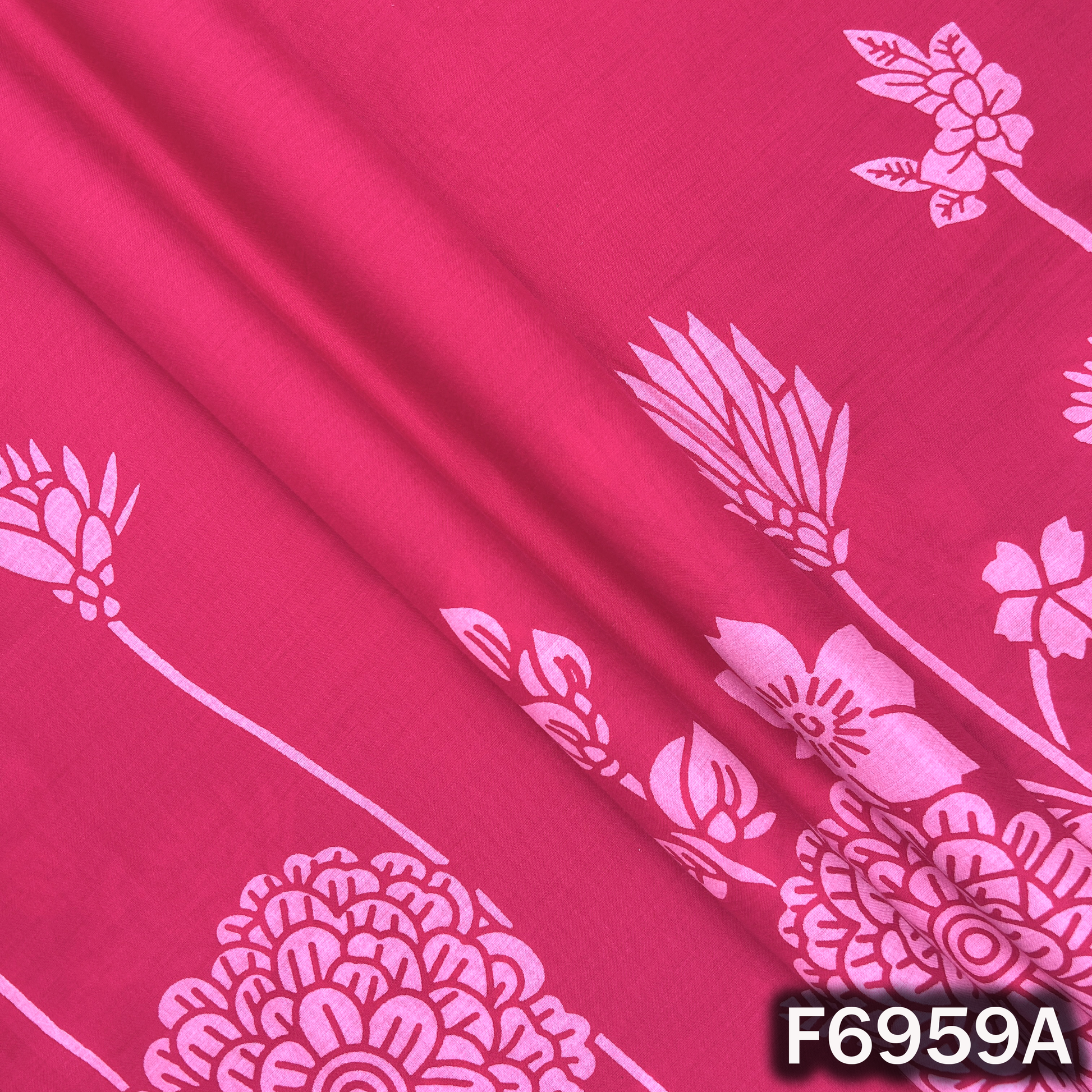 Close view of F6959A showing detailed flower print, smooth cotton texture and elegant border-style placement
