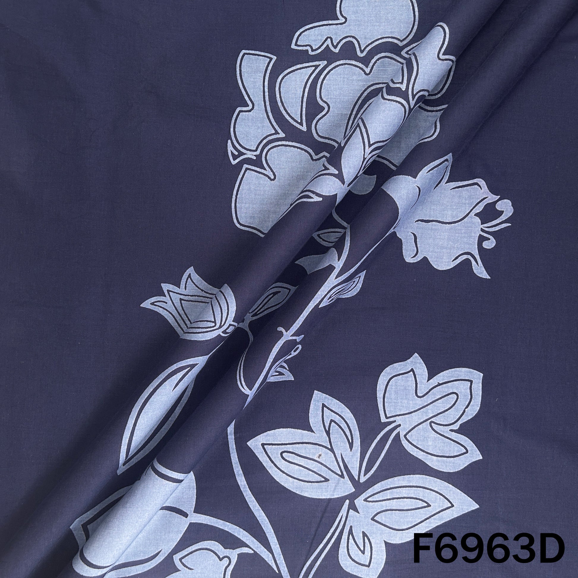 Detailed navy F6963D fabric image showing bold flower print, rich dark base and smooth finish