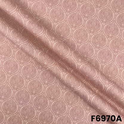 Close view of F6970A showing delicate printed motifs, smooth folds and natural linen-style texture