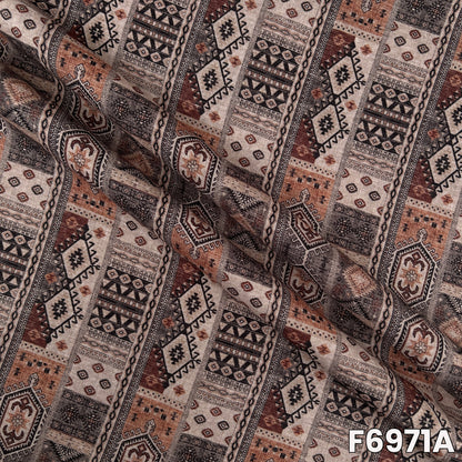 Close view of F6971A showing fine tribal motifs, earthy color balance and natural linen texture