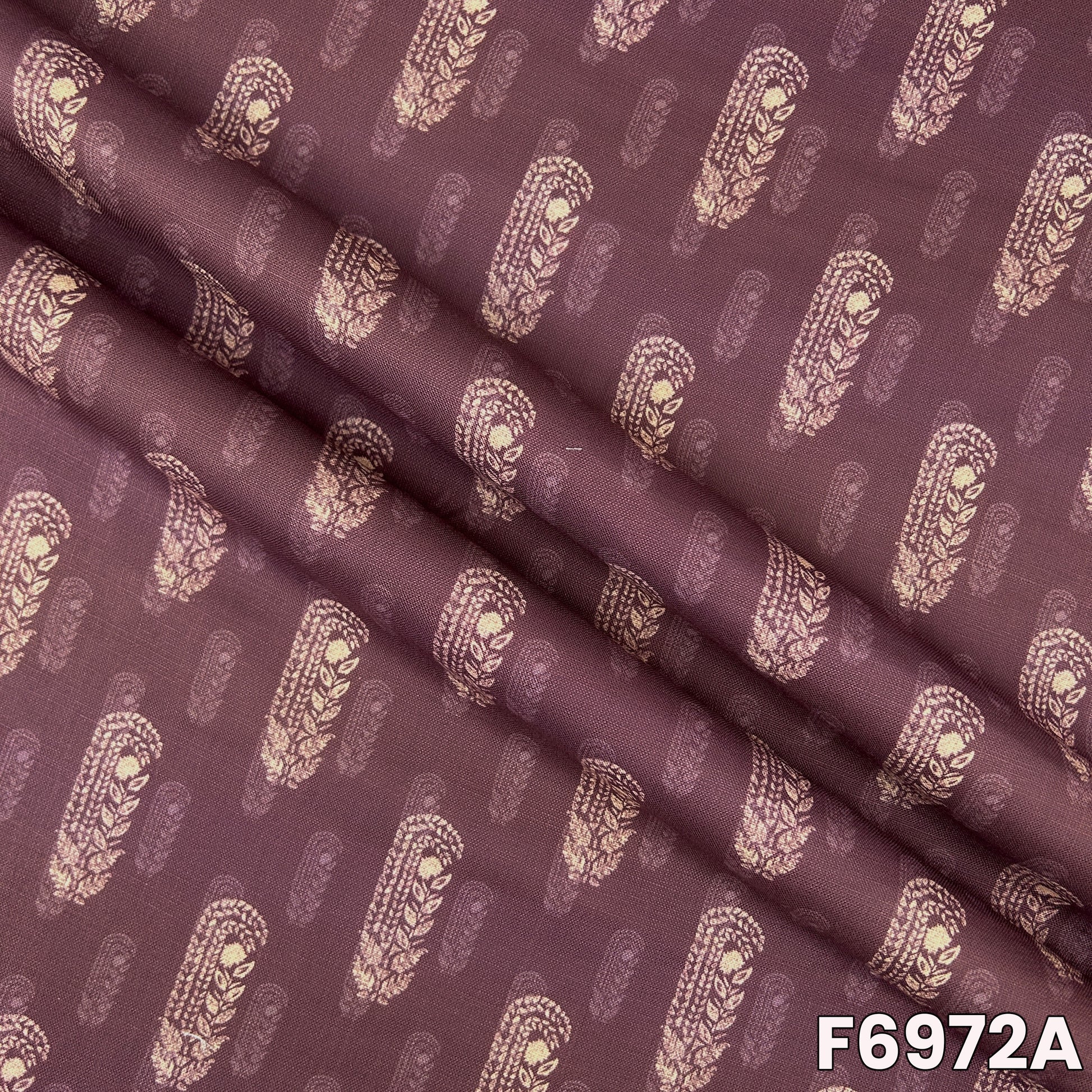 Close view of F6972A showing neat paisley placement, soft folds and natural linen texture