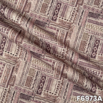 Close view of F6973A showing intricate patchwork print, soft earthy shade and natural linen texture