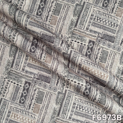 Detailed F6973B view highlighting fine motif placement, breathable woven feel and graceful drape