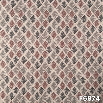 Close pattern view of F6974 showing diamond-style leaf motifs, soft earthy tones and clean print alignment