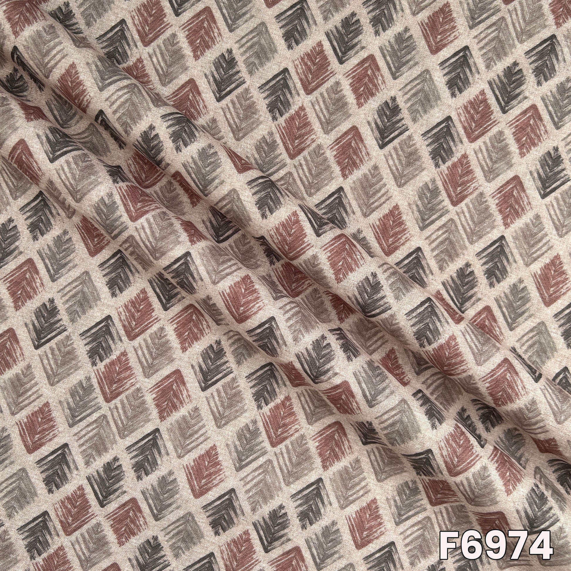Draped F6974 semi linen fabric highlighting natural folds, smooth texture and modern all-over geometric design