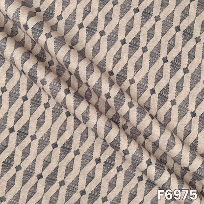 Draped F6975 semi linen fabric highlighting soft folds, natural beige tone and contemporary print finish