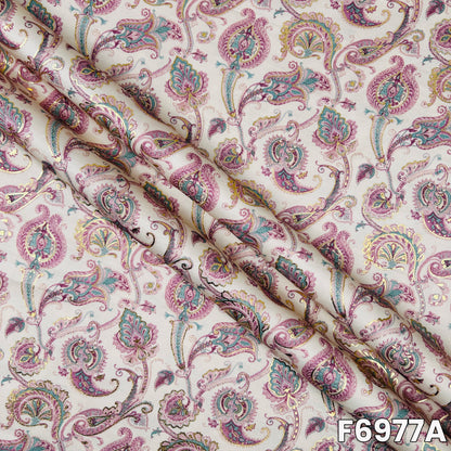 Close view of F6977A showing pastel paisley artwork, soft folds and graceful foil detailing