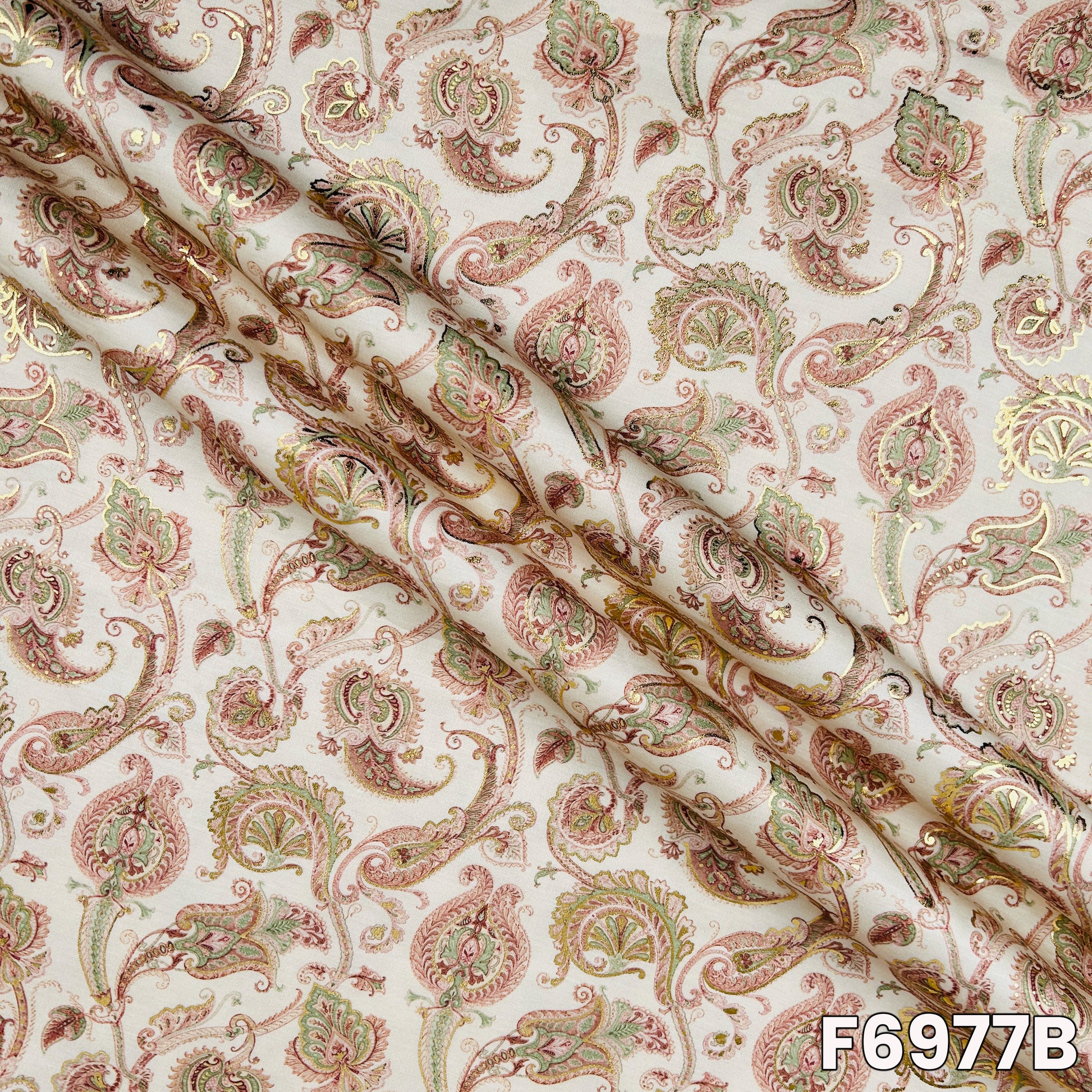 Detailed F6977B view highlighting smooth semi silk texture, refined motifs and light shimmer finish