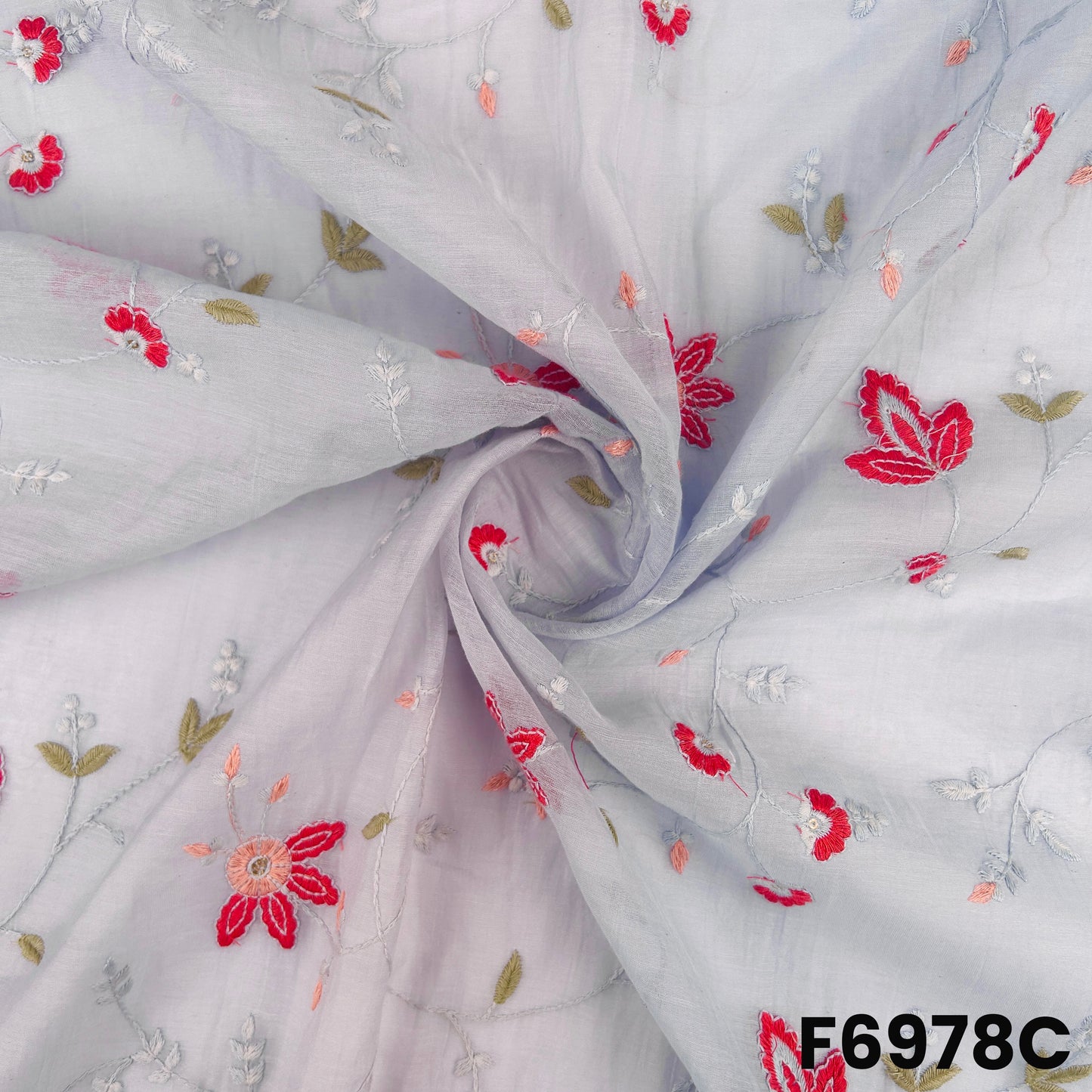 Detailed F6978C surface showing smooth drape, colorful flower placement and lightweight Chanderi texture