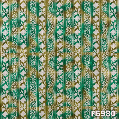 Close pattern view of F6980 showing vertical floral stripes, ornate borders and subtle sequins accents
