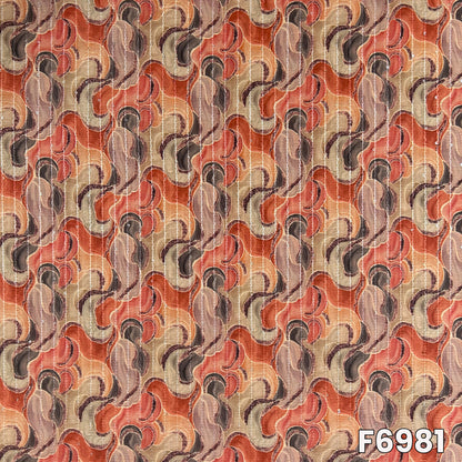 Close pattern view of F6981 showing flowing wave artwork, warm earthy tones and delicate sequins accents