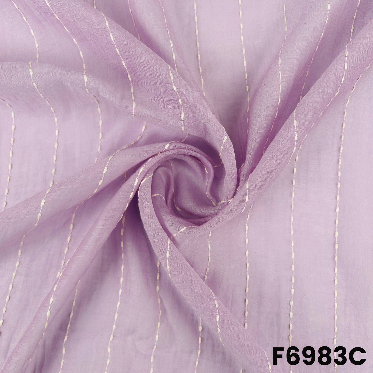 Detailed lavender F6983C surface showing clean stripe spacing, airy folds and premium Chanderi texture