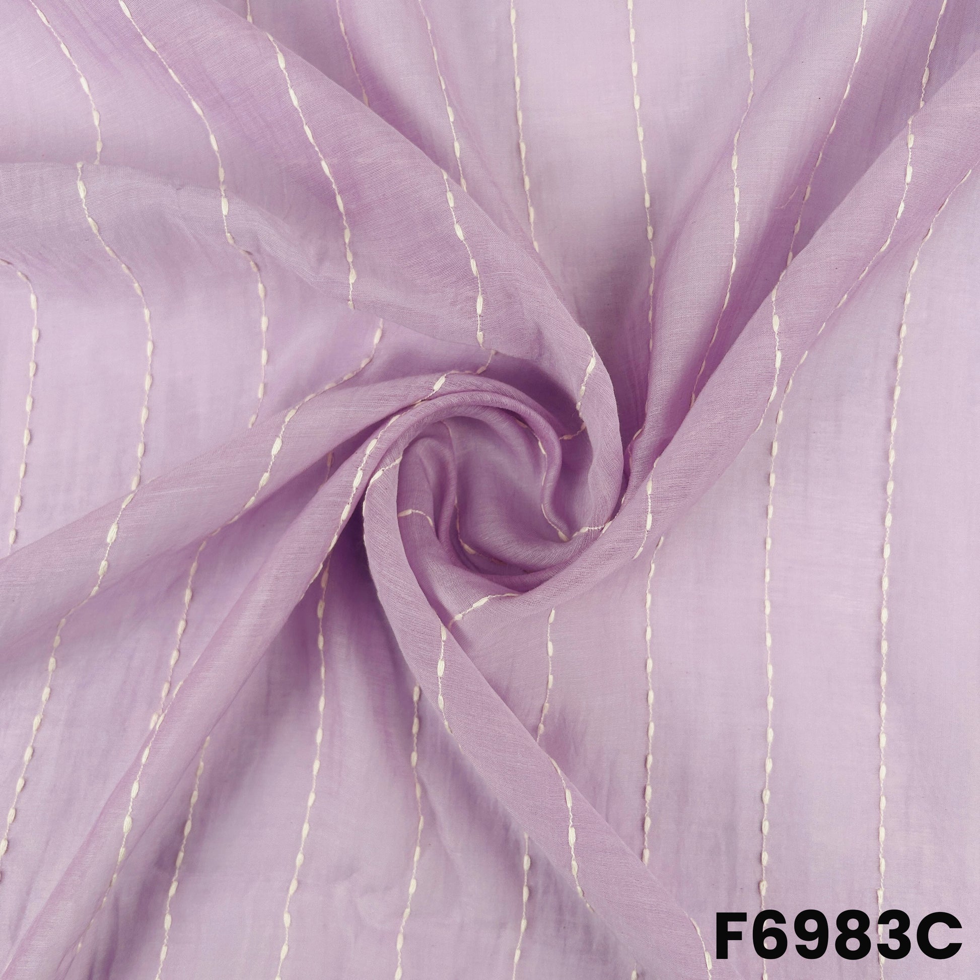 Detailed lavender F6983C surface showing clean stripe spacing, airy folds and premium Chanderi texture