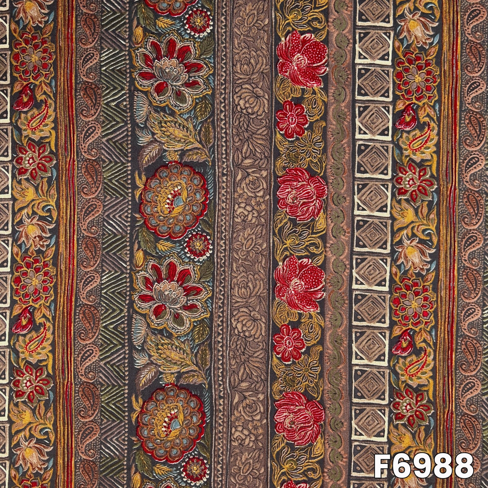 Close pattern view of F6988 showing red flowers, paisley elements and antique-inspired decorative panels