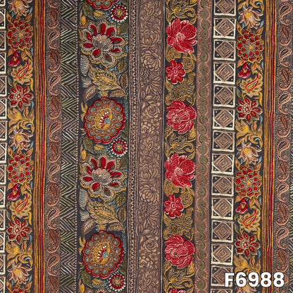 Close pattern view of F6988 showing red flowers, paisley elements and antique-inspired decorative panels