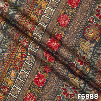 Draped F6988 rayon fabric highlighting smooth fall, rich earthy tones and detailed ornamental print placement