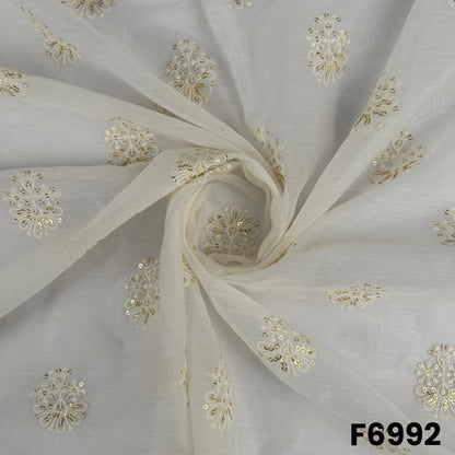 Draped F6992 Chanderi Silk fabric showing airy movement, soft ivory tone and delicate embroidered shimmer