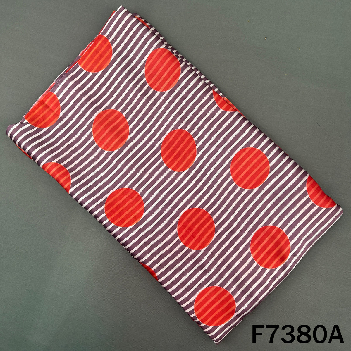 Plum purple modal satin top fabric with orange polka dots and white stripes