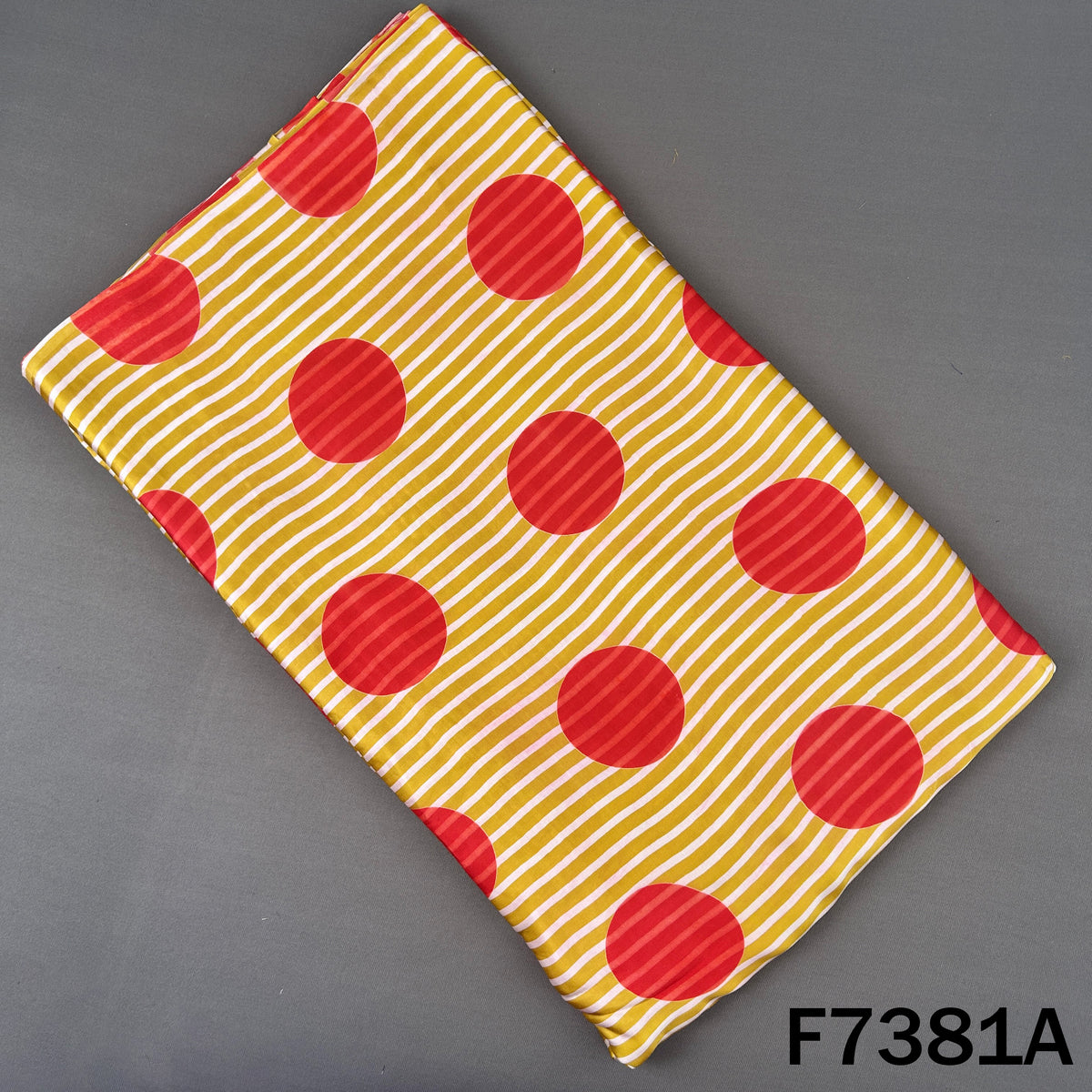 Mustard yellow modal satin top fabric with red polka dots and white stripes