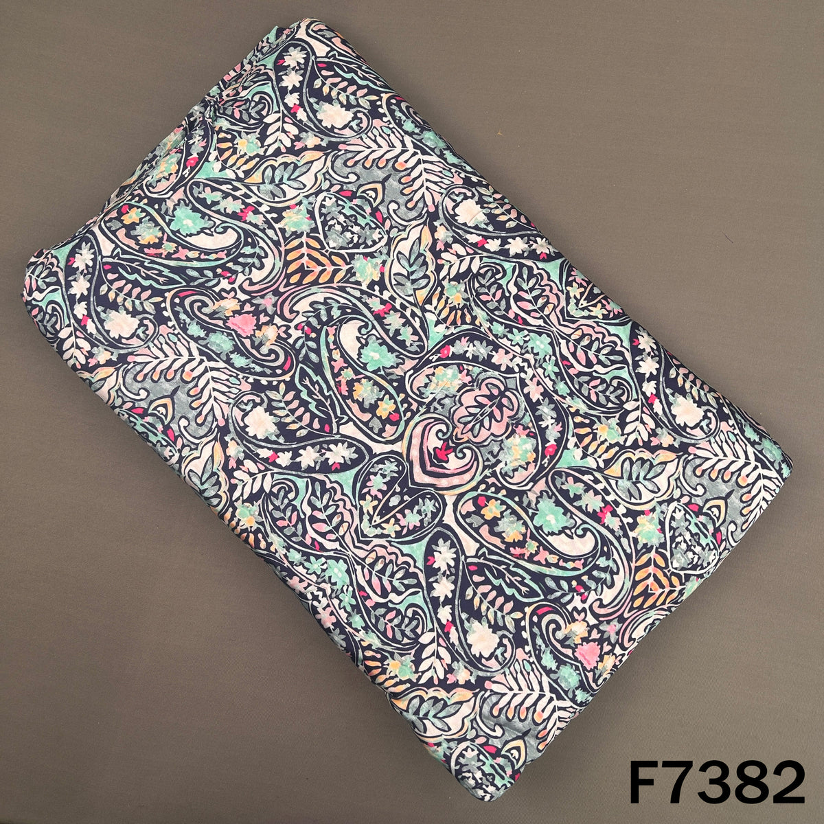 Navy blue modal satin fabric with multicolor paisley floral print