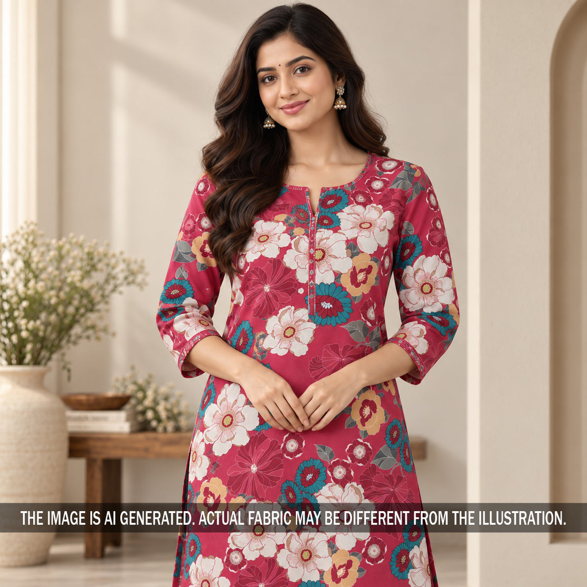 Pink floral rayon kurti fabric styled on model