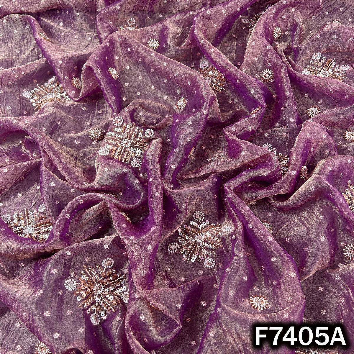 Mauve designer tissue fabric with zari sequin work