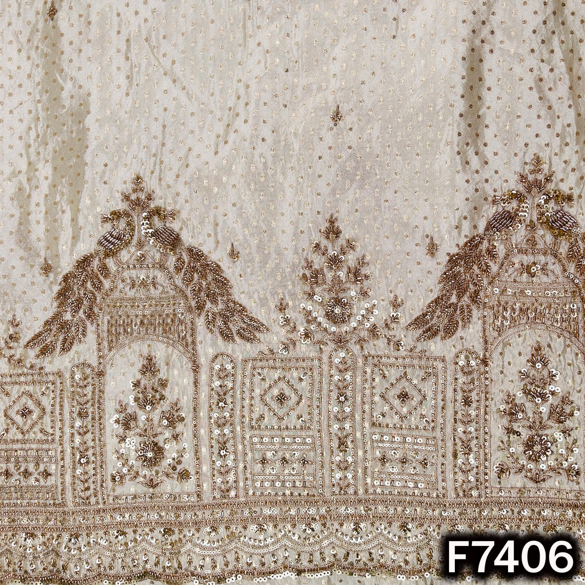 Shimmer tissue fabric with ornate architectural zari border